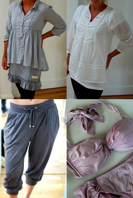 Nytt till mamman. Ljusblå tunika/blus (Lindex), vit blus (H&M), mjukis-haremsbyxor (H&M, 99 kr fynd!), isrosa bikini (Lindex)