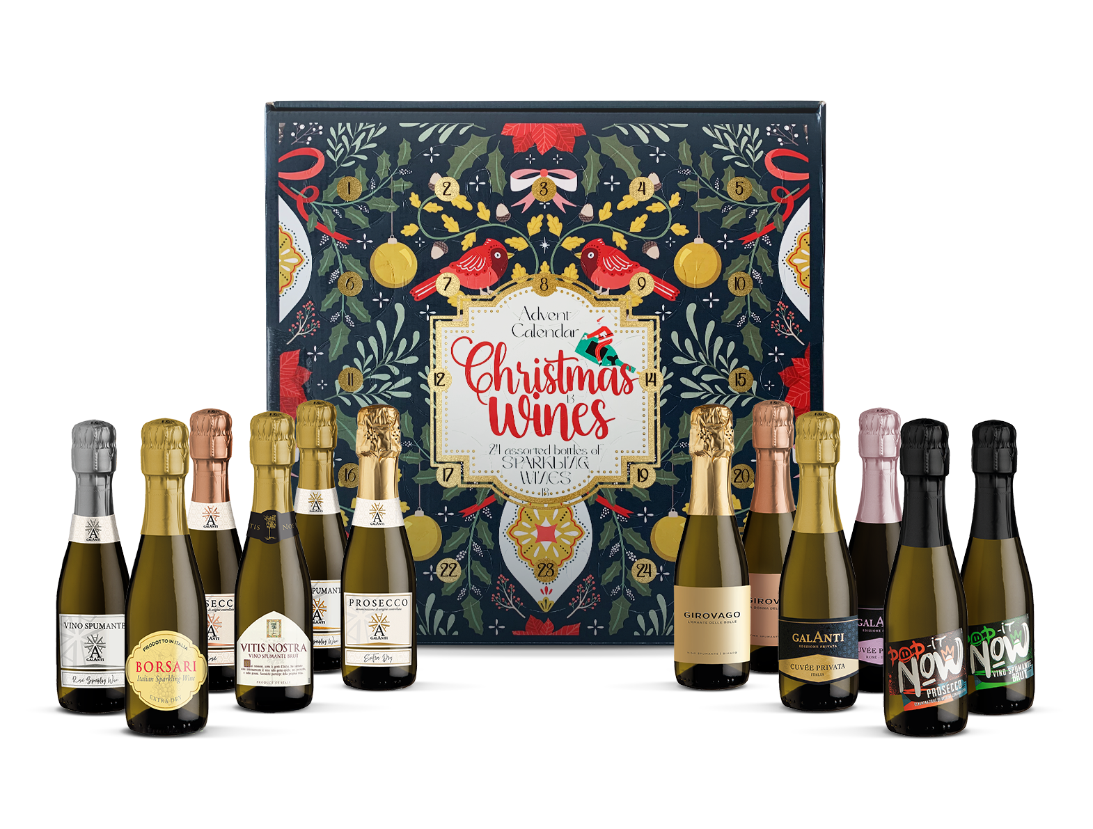 Adventskalender med bubbel 2025 från Vinoteket i blå förpackning med julmotiv